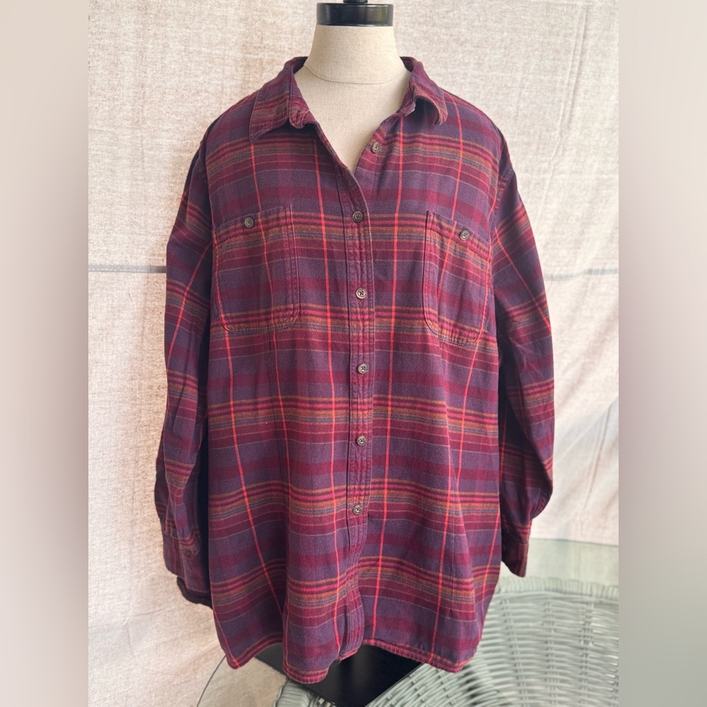 Duluth Trading Co Burgundy and Orange Plaid Flannel Shirt